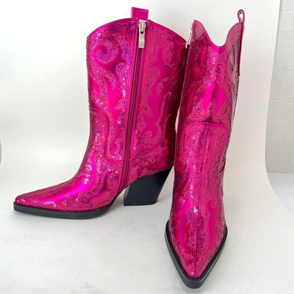 Azalea Wang Merril Sequin Pink Fuchsia Western Boots Size 9 - Picture 2 of 10